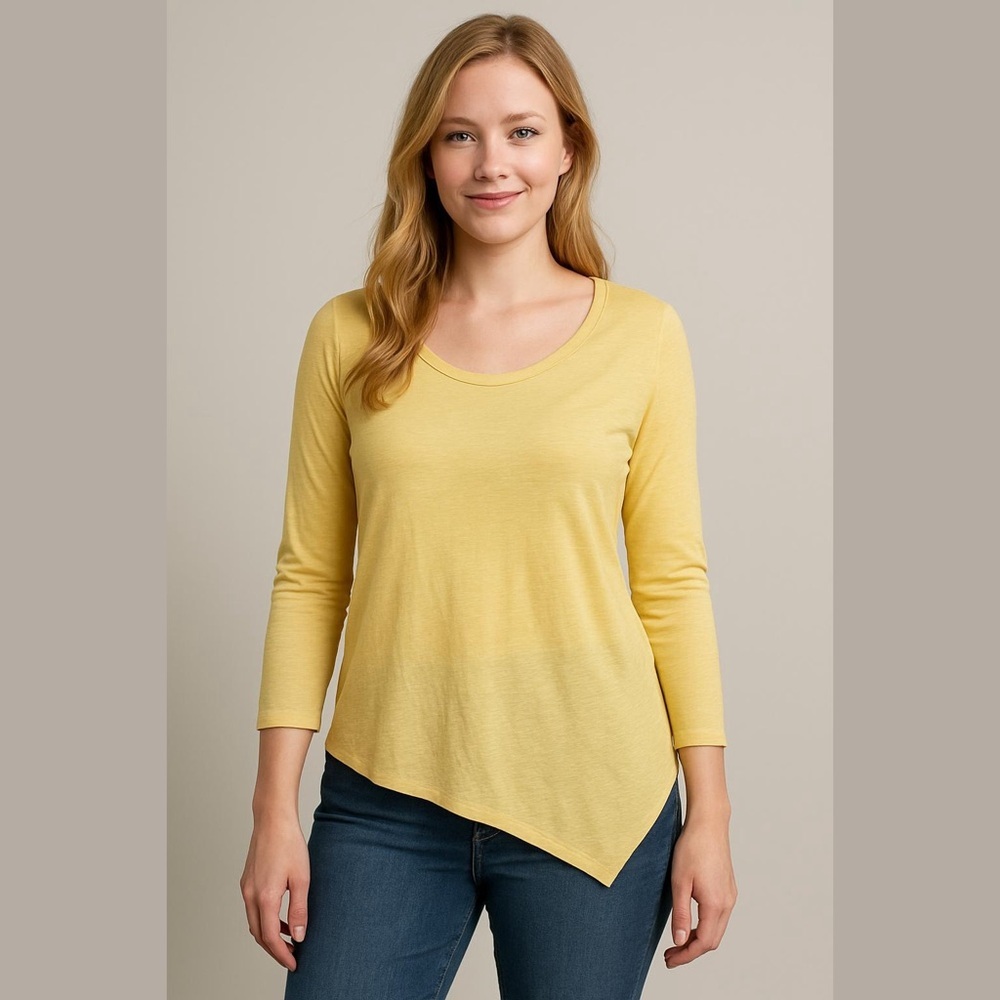 Studio Park Yellow Long Sleeve Asymmetrical Hem Cotton Shirt Size XS Slub Knit